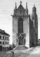 Mariakirche in Vienna, Austria, Gothic, staircase, east side, entrance, towers, city, people,