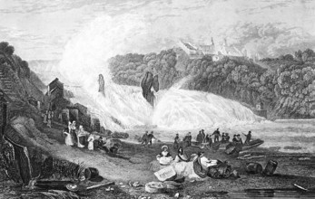 The Rhine Falls near Schaffhausen with Laufen Castle, Switzerland, rock islands, foam crowns,