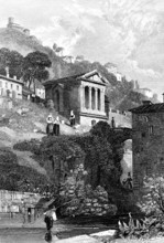 Tempietto sul Clitunno, Clitunnus temple, near Spoleto on the Marroggia River, Umbria, Italy, steep