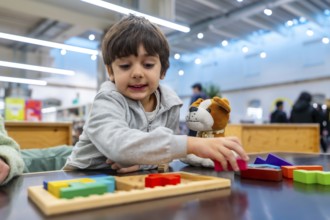 Young boy concentrating as he arranges colorful wooden puzzle pieces beside a soft toy dog,