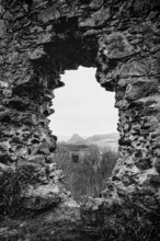 Detailed view, view through historic walls of the Mägdeberg castle ruins to the neighboring