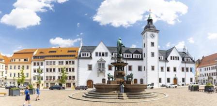 Panorama of Obermarkt with Council Pharmacy, Town Hall and Fountain Monument with City Founder Otto