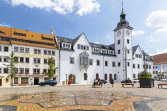 Water feature on the Obermarkt with Ratsapotheke and town hall, Freiberg, Saxony, Germany