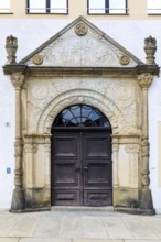 Renaissance portal with motifs from Freiberg mining at Lisskirchner-Haus, Obermarkt 17, Freiberg,