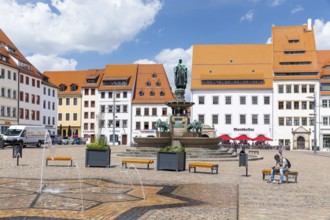 Obermarkt with water feature, fountain monument with city founder Otto the Rich and historic town