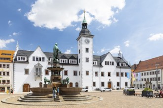 Obermarkt with town hall and fountain monument with city founder Otto the Reiche, Freiberg, Saxony,