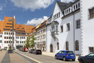 North side of the Obermarkt with historic town houses and Renaissance façade of the town hall with