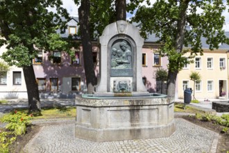 Monument to Barbara Uthmann on the market square in Elterlein, Ore Mountains, Saxony, Germany