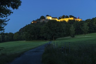 Night view of illuminated Königstein Fortress, Saxon Switzerland, Saxony, Germany