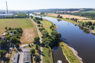 Down the Elbe valley in Coswig, in front the ferry port of Coswig, in the background Readebeul and
