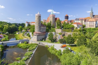 City view with Spree, Ortenburg, Alte Wasserkunst, St. Michael's Church and Cathedral, Bautzen,