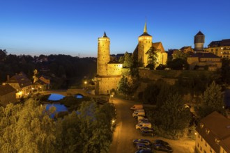 City view at night with Spree, Alter Wasserkunst and, St. Michael's Church, Bautzen, Upper Lusatia,