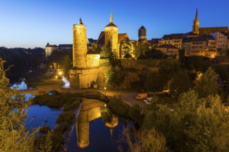 City view at night with Spree, Ortenburg, Alte Wasserkunst, St. Michael's Church and St. Petri