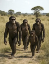 A group of Australopithecus runs through a savanna, symbol extinct, fossil, prehuman, Africa,