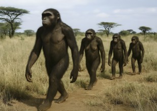A group of Australopithecus runs through a savanna, symbol extinct, fossil, prehuman, Africa,