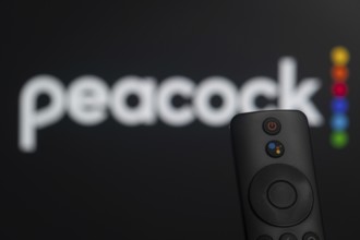 Dhaka, Bangladesh- 21 Jan 2026: Close-up of a smart TV remote control against a blurred peacock