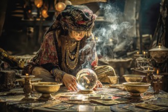 Surreal Woman Fortune Teller with crystal ball and tarot cards symbolizing future, prediction, AI