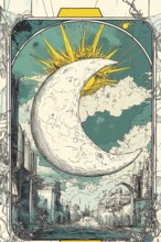 Modern representation of tarot card The Moon symbolizing illusion, dreams, deception, fear,