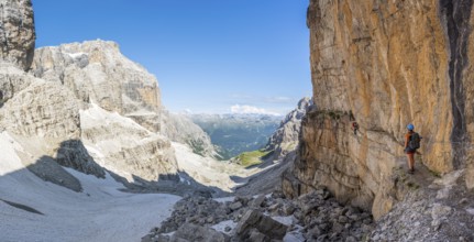 Mountaineers on the Bocchette Centrale band trail, via ferrata in the Brenta Mountains, rock wall,