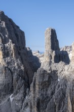 Campanile Alto pinnacle, Bocchette Centrale band trail, via ferrata in the Brenta Mountains,