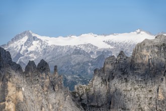 Adamello mountain peak with glacier, in front Brenta Mountains, Brenta-Adamello Natural Park,