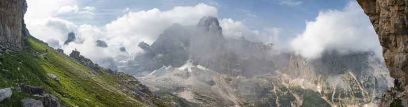Alpine panorama, fog and Torre Di Brentai and Cima Tosa, rocky mountain peaks and mountain