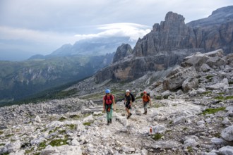 Climbers on a hiking trail, rocky mountain landscape, Via Ferrata SOSAT via ferrata, Brenta