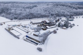 Snow-covered farm in an open winter landscape, surrounded by forests, Haselstaller Hof, Gechingen,