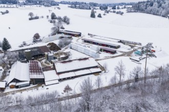 A snow-covered farm in hilly, quiet countryside, Haselstaller Hof, Gechingen, Calw district,