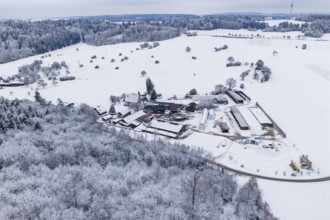 Farmhouse in a vast, snowy winter landscape with forests and fields, Haselstaller Hof, Gechingen,