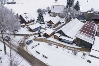 A quiet, snowy rural area with residential buildings and trees, Haselstaller Hof, Gechingen, Calw