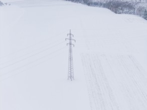 A snow-covered wide field with a single power pole in the middle, substation, Jettingen, Germany