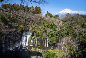 Shiraito waterfall and summit of Mount Fuji, Fuji-Hakone-Izu National Park, Yamanashi Prefecture,