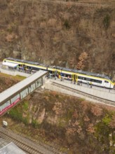 Train at a train station along a hill with bare trees and people waiting, opening of the Hermann
