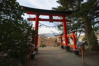 View through red torii of Mount Fuji volcano, Arakura Fuji Sengen Shrine, Arakurayama Sengen Park,