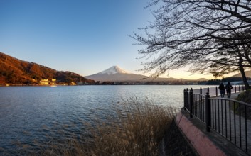 Kawaguchi Lake waterfront, view of Mount Fuji volcano at sunset, Yamanashi Prefecture, Japan