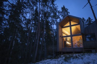 Modern wooden house in the forest, illuminated from within and inviting at dusk, Korpoström, Korpo