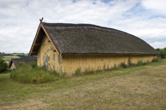 Longhouse, reconstructed courtyard with nine houses built by a large farmer from the Viking Age,