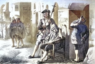 Bailiff man sitting on his Gantstuhl in front of the town hall of Munich, Bavaria, Germany/Bailiff