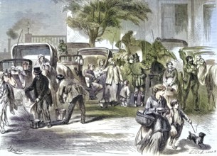 A parking lot for horse-drawn carriages, droshky or droschke, in Berlin, Germany/A car park for