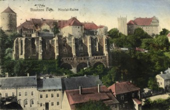 Historical postcard around 1900, Bautzen, Nicolai ruins, Saxony, Germany, digital reproduction of a