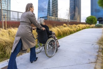 Caregiver pushing an elderly woman in a wheelchair along an outdoor path in a modern city park,