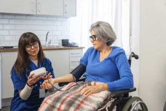 Nurse using a digital device to check blood pressure on arm of an elderly woman seated in a