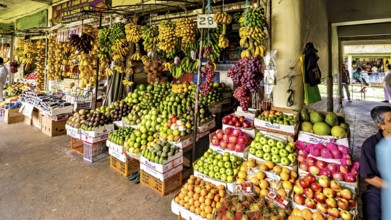 Diverse market stand with plenty of fruit, carefully stacked in a pavilion, The old market halls of