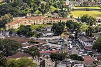 View of a historic fortress next to a lawn surrounded by city and trees, view of the city center of