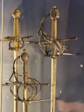 Artfully decorated sword handles, swords, Bavarian National Museum, Munich, Bavaria, Germany