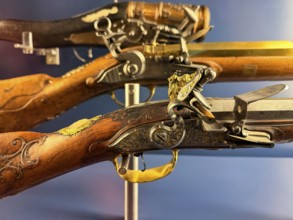 Decorated rifles with wheel lock, Bavarian National Museum, Munich, Bavaria, Germany