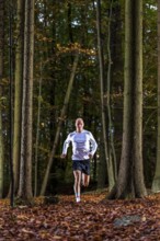 Man in a training session, trail running outdoors, healthy lifestyle, colorful autumn forest,