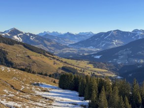 View of Brixental with Hoher Salve, hiking to Feldalphorn, Kitzbühel Alps, Tyrol, Austria