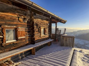 Mountain hut with fresh snow in the morning, in winter, Hochbrixen, Kitzbühel Alps, Tyrol, Austria